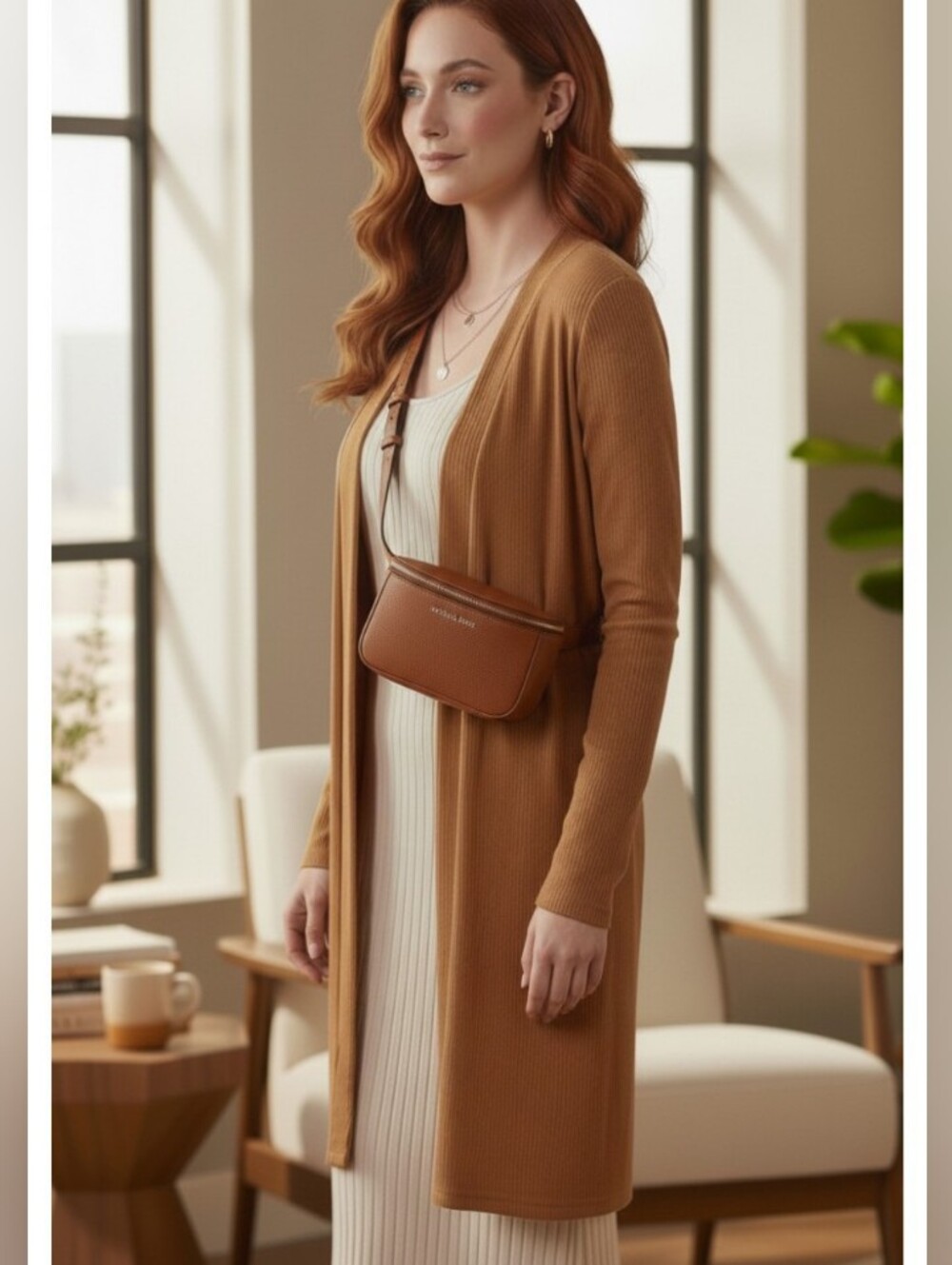 IMAN Ribbed Open Front Duster Cardigan Mustard Yellow | L | Minimalist Chic